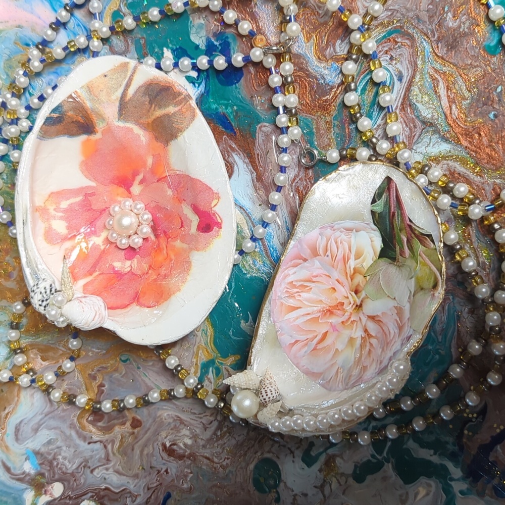 Choice Of Decoupaged Floral Shells Embellished With Pearls & Small Shells